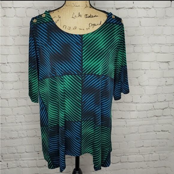 Vintage 90's Geometric Blue Green Flowy Shirt - Picture 2 of 11